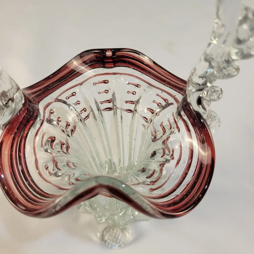 Mid Century Venetian Murano Art Glass Basket Clear w/Cranberry Striping